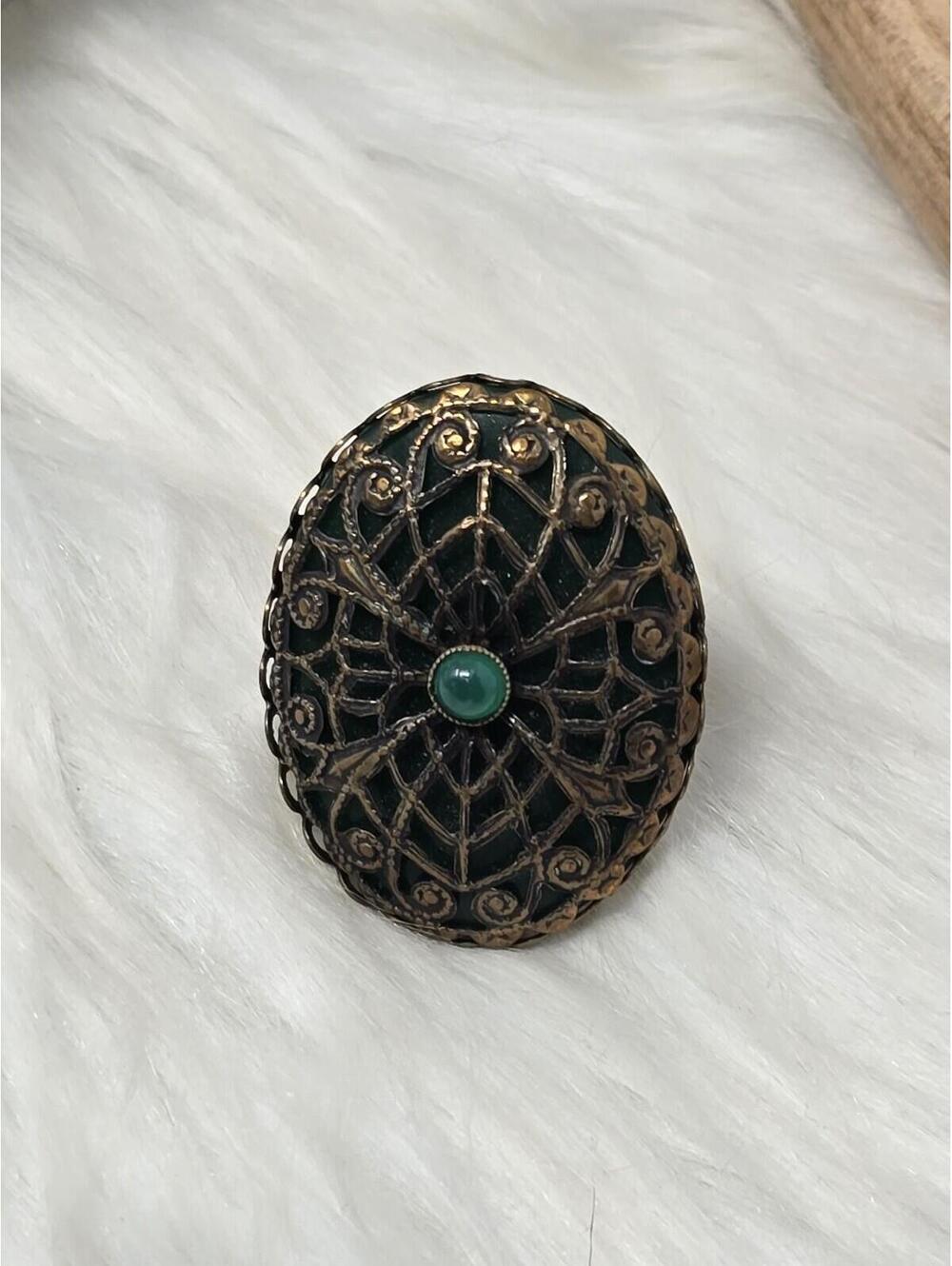 Jan Michaels San Francisco Brass Green Stone Statement Ring